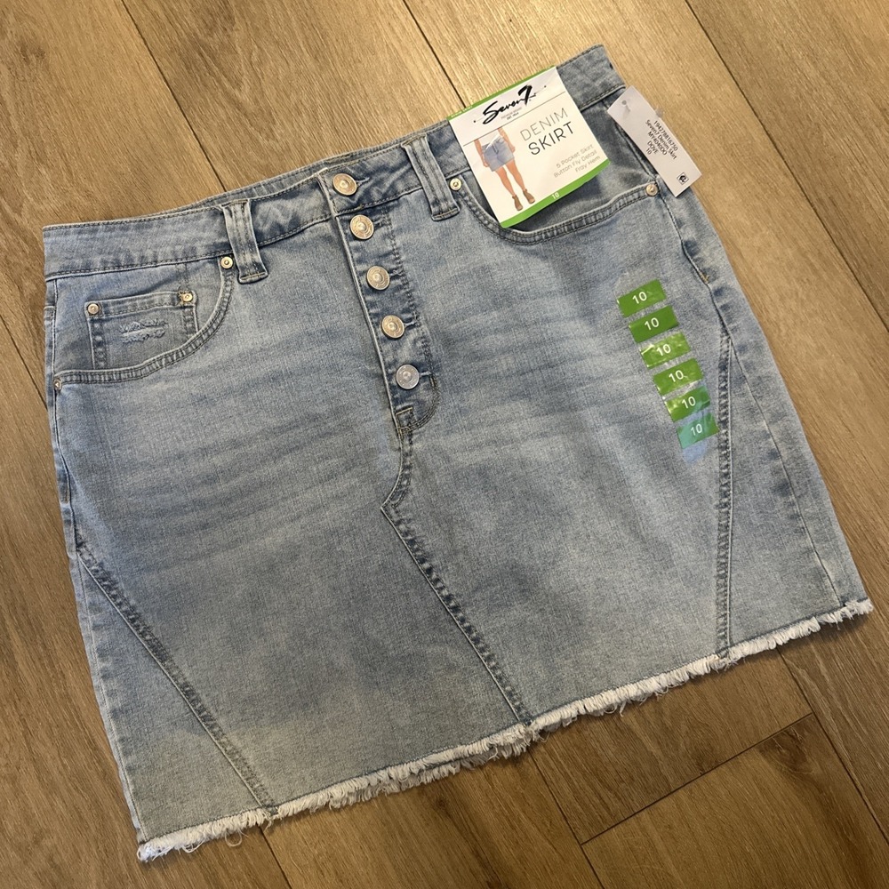Seven 7 Denim Skirt 5 Pocket Button Fly Fray Hem Light Wash Women 10 NEW